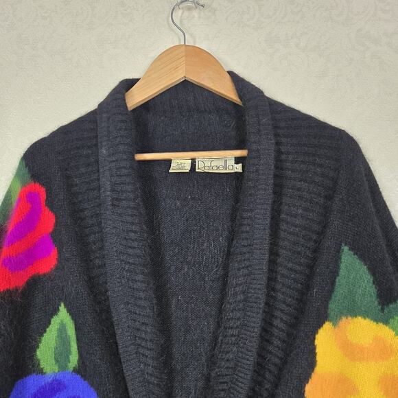 VTG Rafaella Angora Rabbit Hair Lambswool Sweater sz L Black Multicolor Floral - Picture 2 of 12